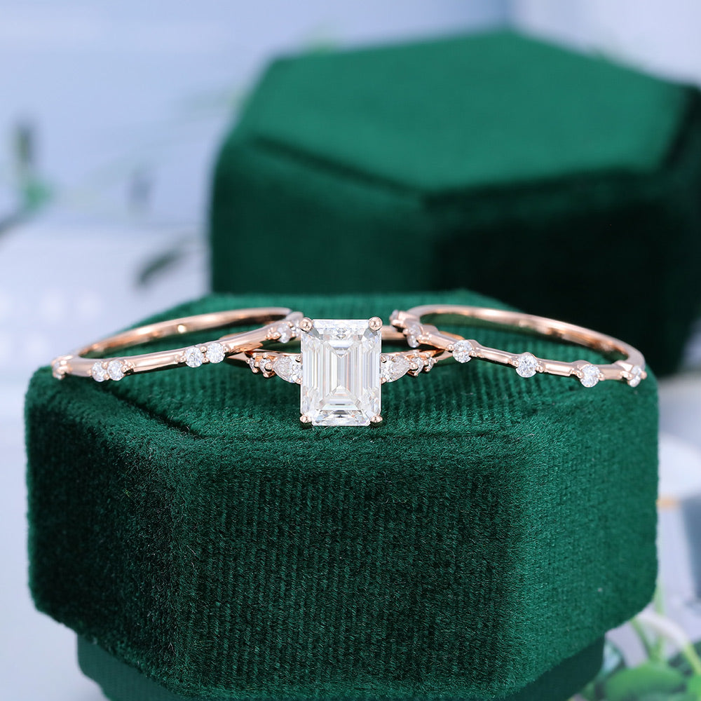 1.60 CT Emerald Moissanite Three Stone Bridal Ring Set 5