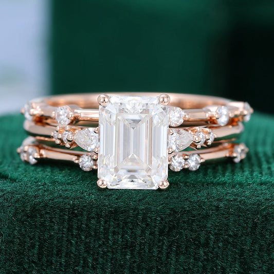 1.60 CT Emerald Moissanite Three Stone Bridal Ring Set 1