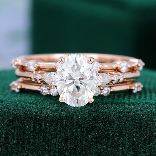 1.33 CT Oval Moissanite Three Stone Bridal Ring Set 1