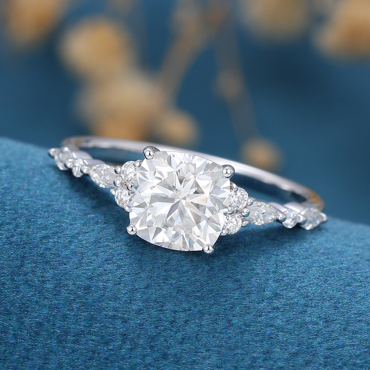 1.21 CT Cushion Shaped Moissanite Cluster Engagement Ring 5