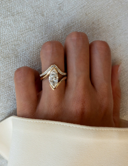 2 CT Marquise Lab Grown Engagement Ring with V Shaped Pave Design Stacking Band