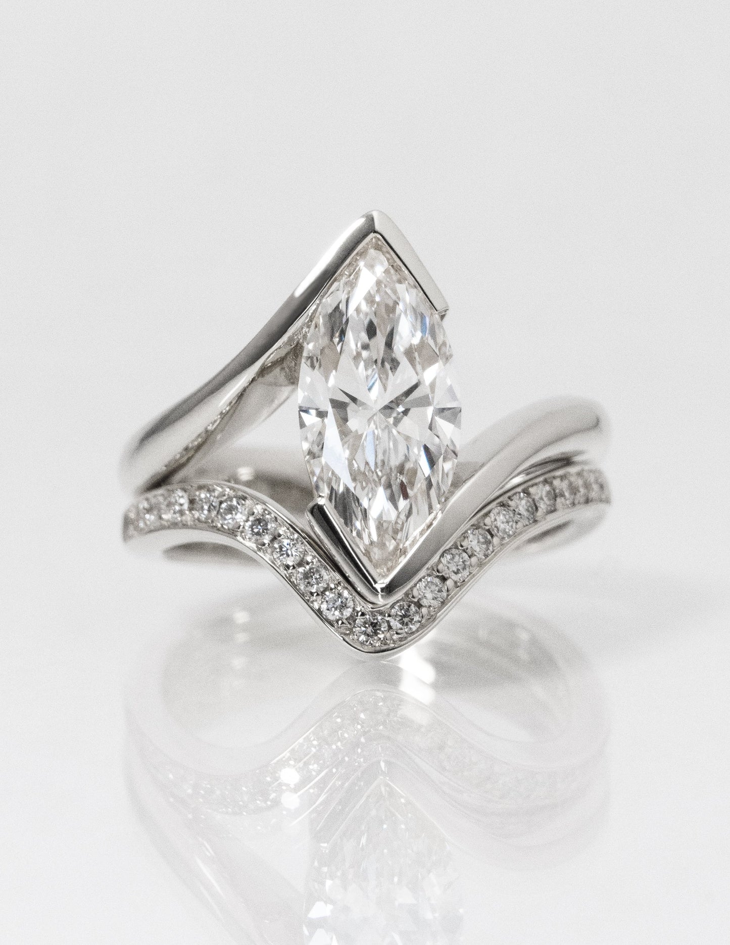 2 CT Marquise Lab Grown Engagement Ring with V Shaped Pave Design Stacking Band