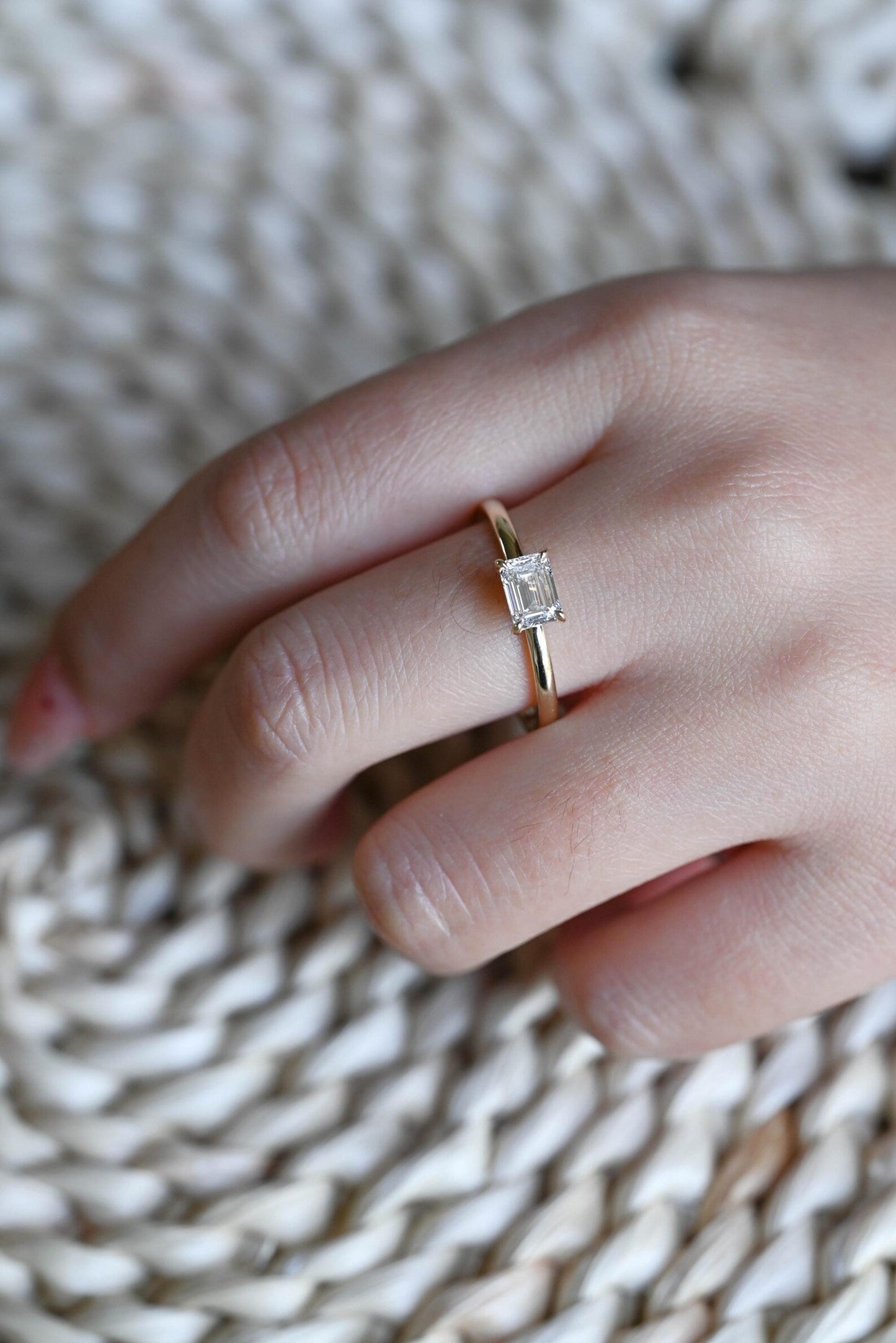 1 CT Emerald Cut East West Solitaire Styled Lab Grown Diamond Engagement Ring