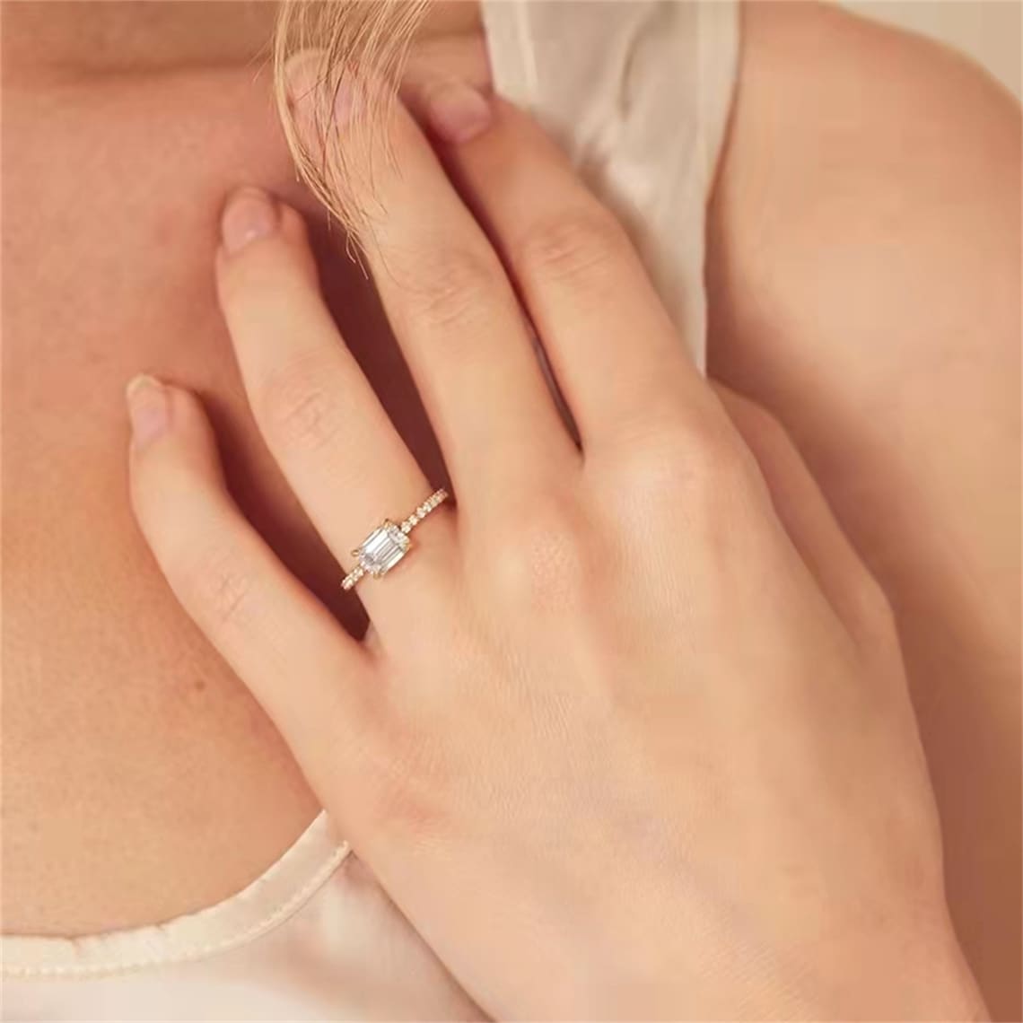 1.0 CT Emerald Shaped Moissanite Pave Engagement Ring 1