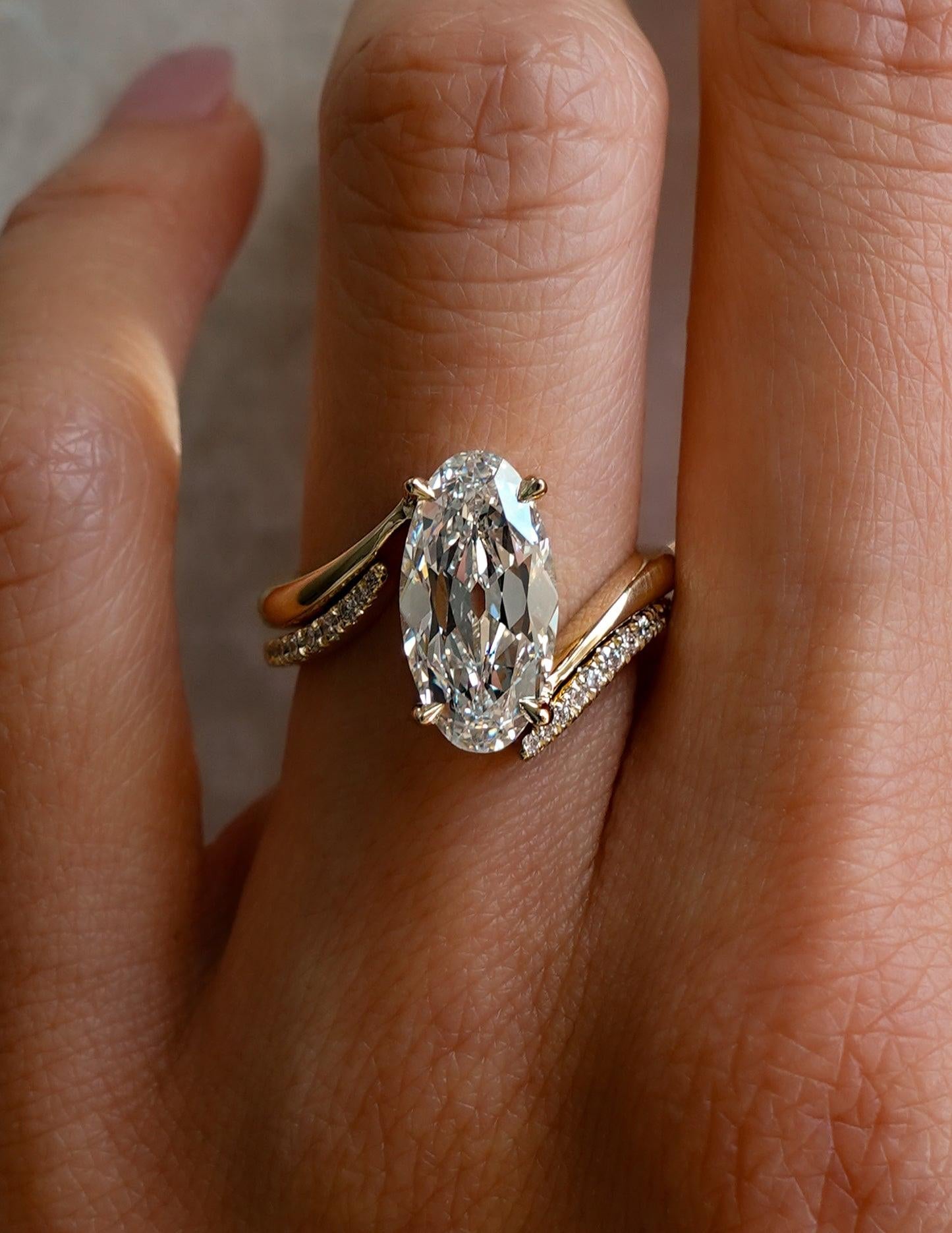 3CT Vertical Old Mined Moval Lab Grown Engagement Ring with Wrap Stacking Band
