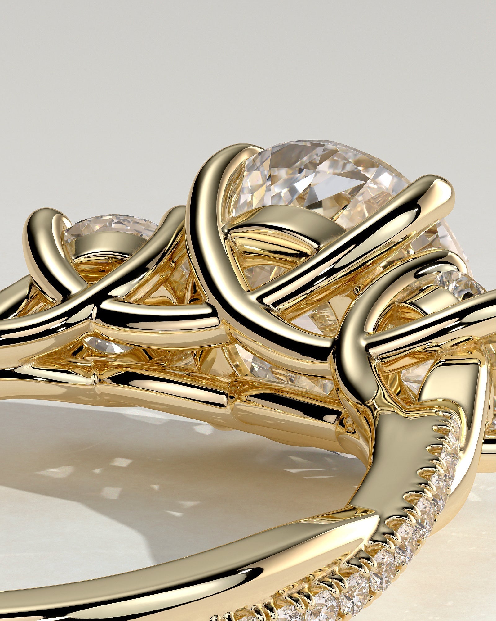 Round Three Stones and Twisted Pave Lab Grown Diamond Engagement Ring