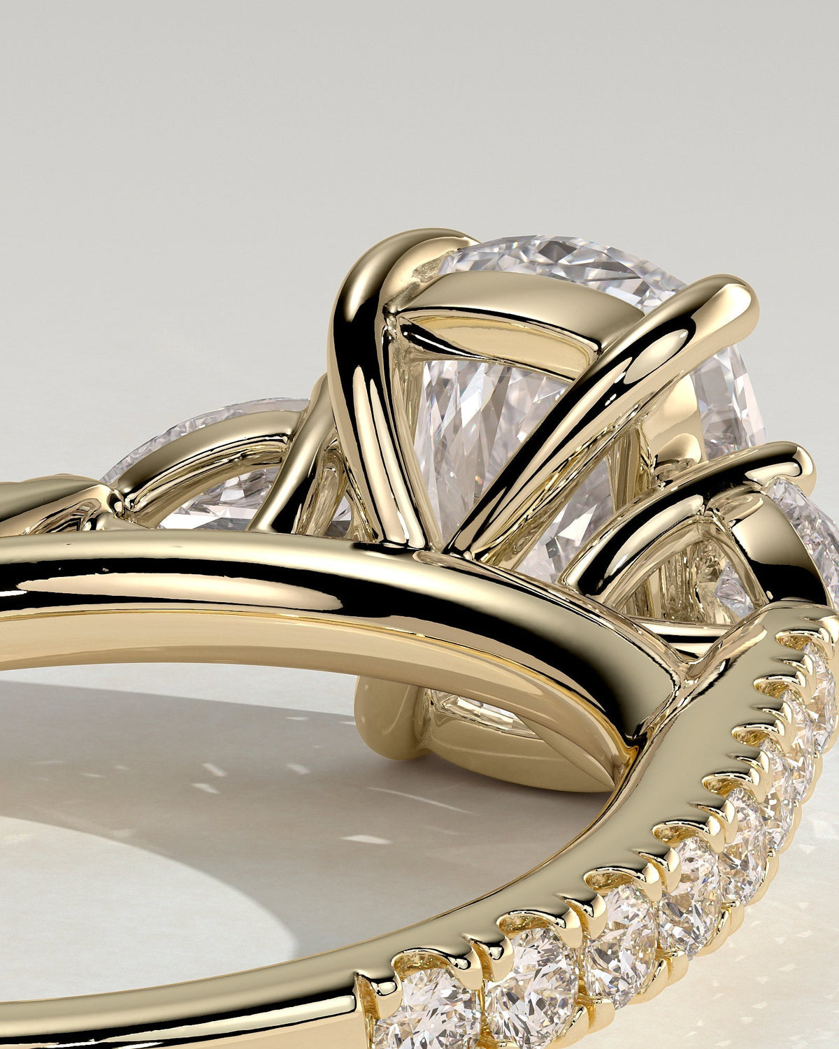 Elongated Cushion Three Stones and Pave Lab Grown Diamond Engagement Ring