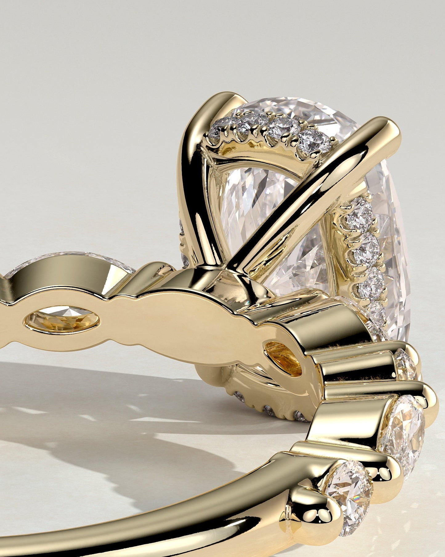 Elongated Cushion Hidden Halo and Alternating Pave Lab Grown Diamond Engagement Ring