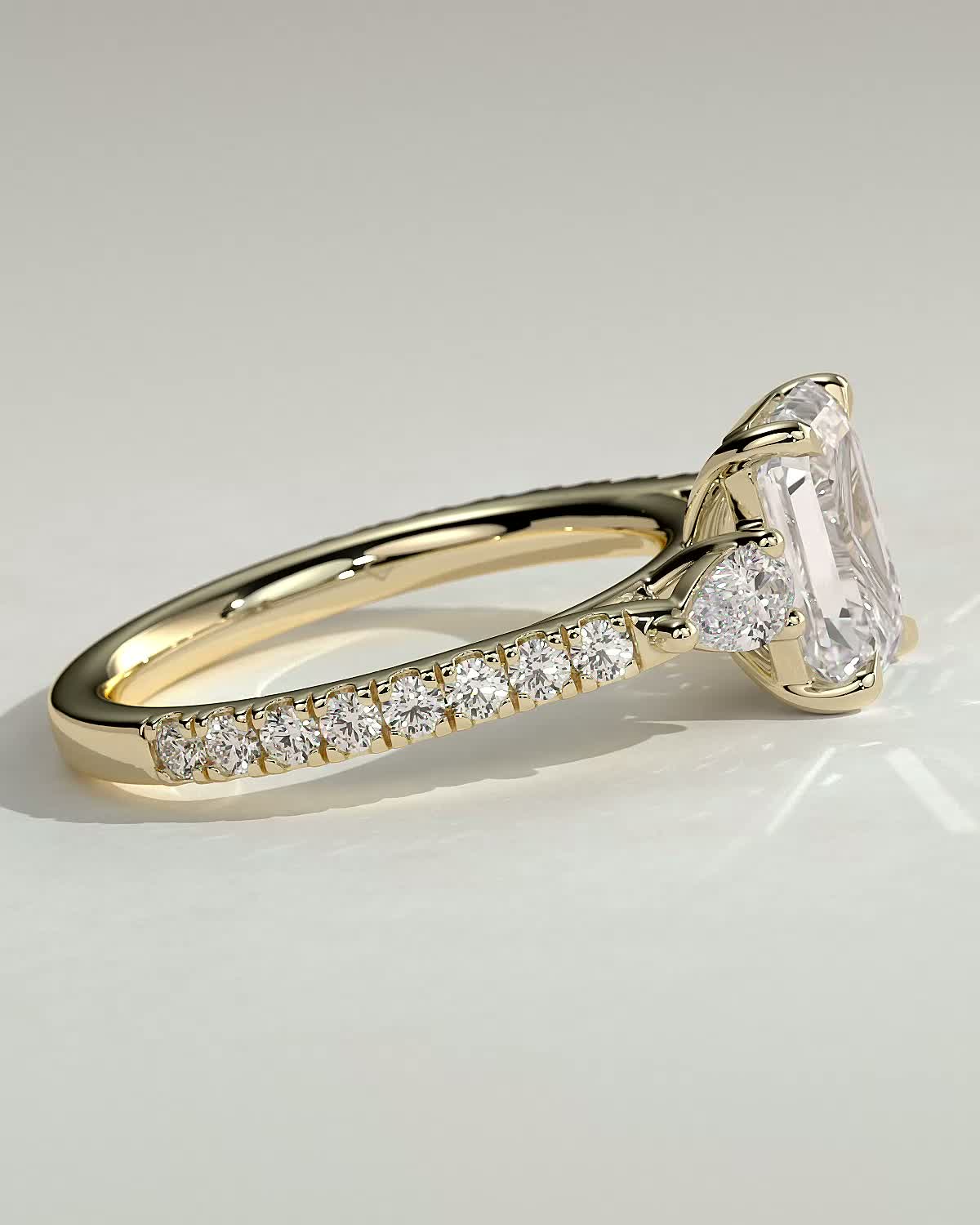 Emerald Three Stones and Pave Lab Grown Diamond Engagement Ring