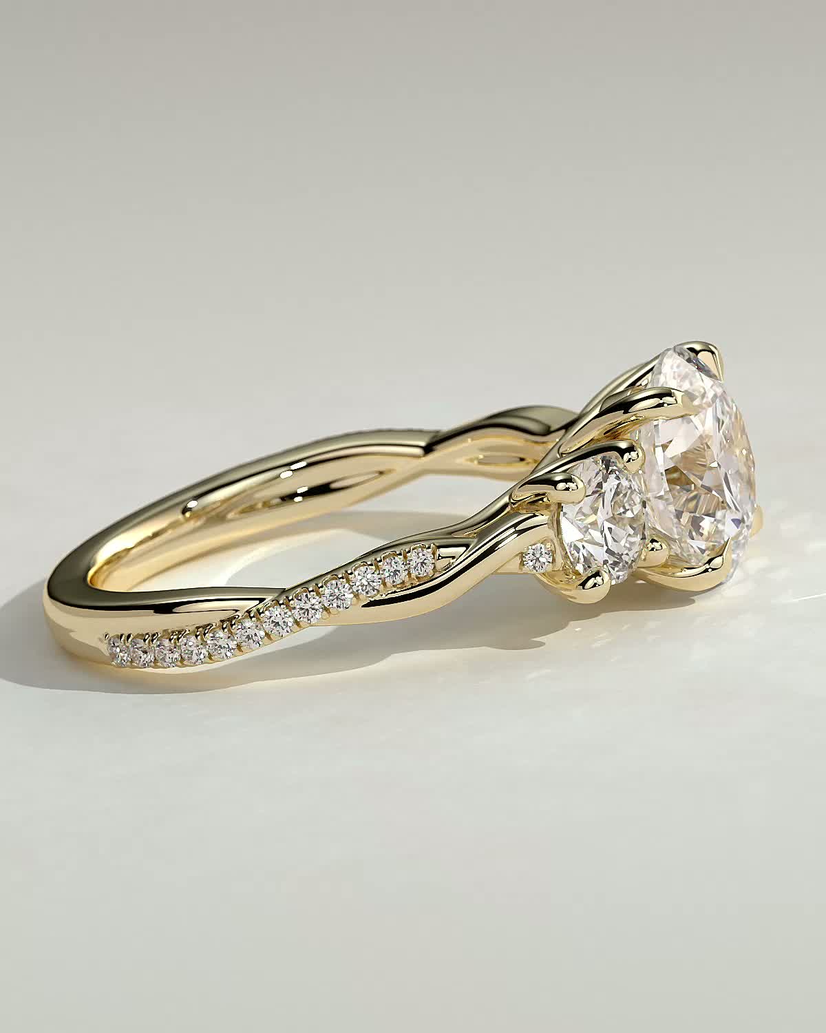 Round Three Stones and Twisted Pave Lab Grown Diamond Engagement Ring