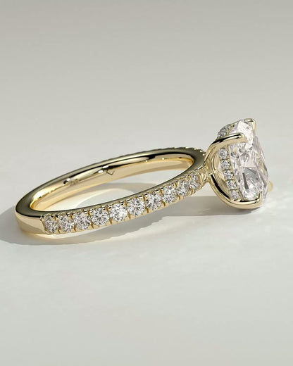 Elongated Cushion Hidden Halo and Pave Lab Grown Diamond Engagement Ring