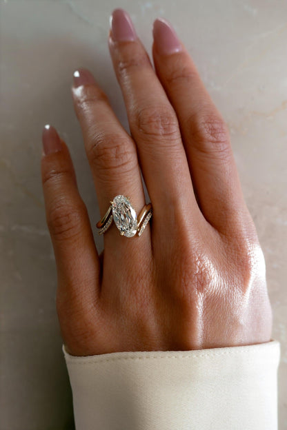 3CT Vertical Old Mined Moval Lab Grown Engagement Ring with Wrap Stacking Band