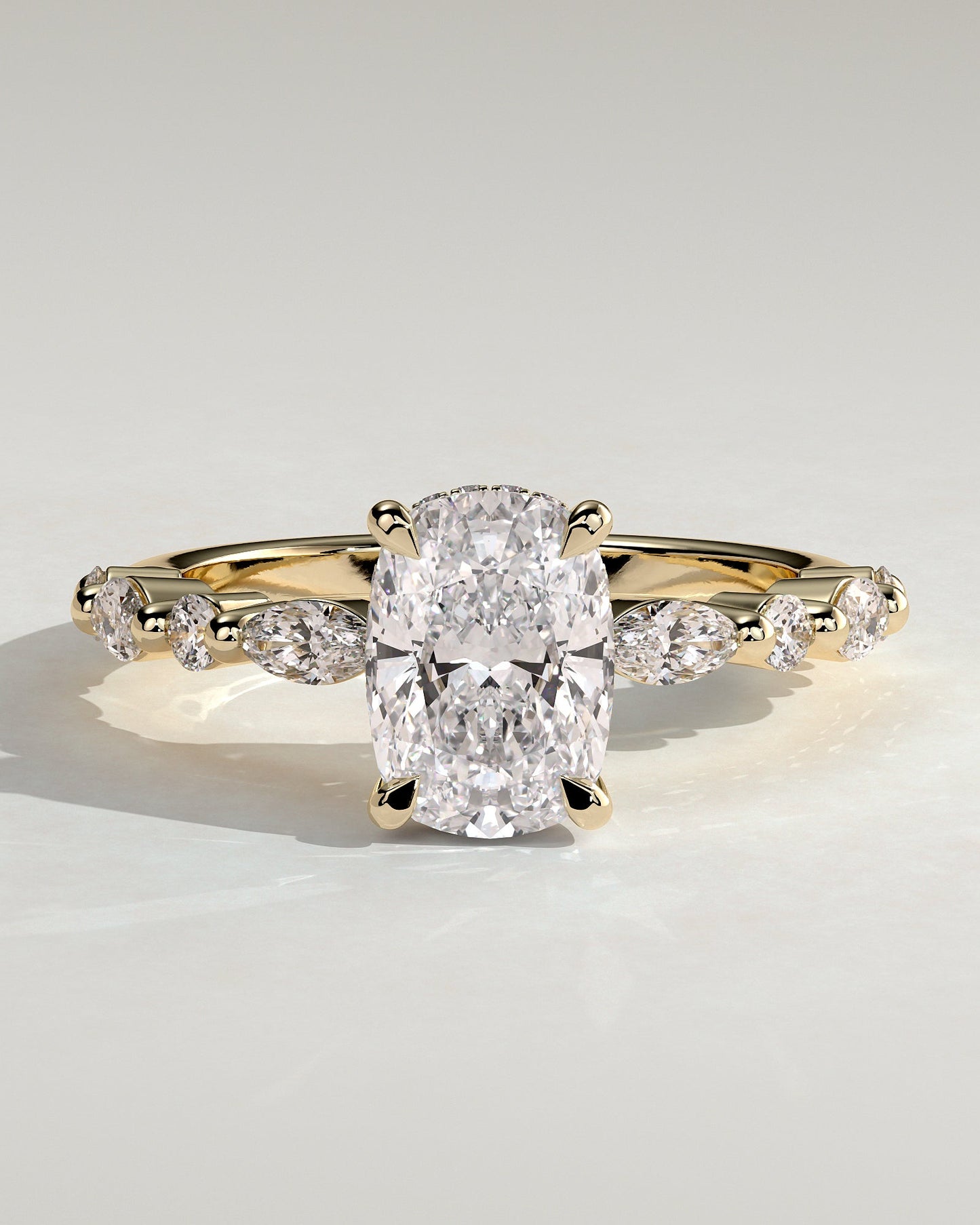 Elongated Cushion Hidden Halo and Alternating Pave Lab Grown Diamond Engagement Ring