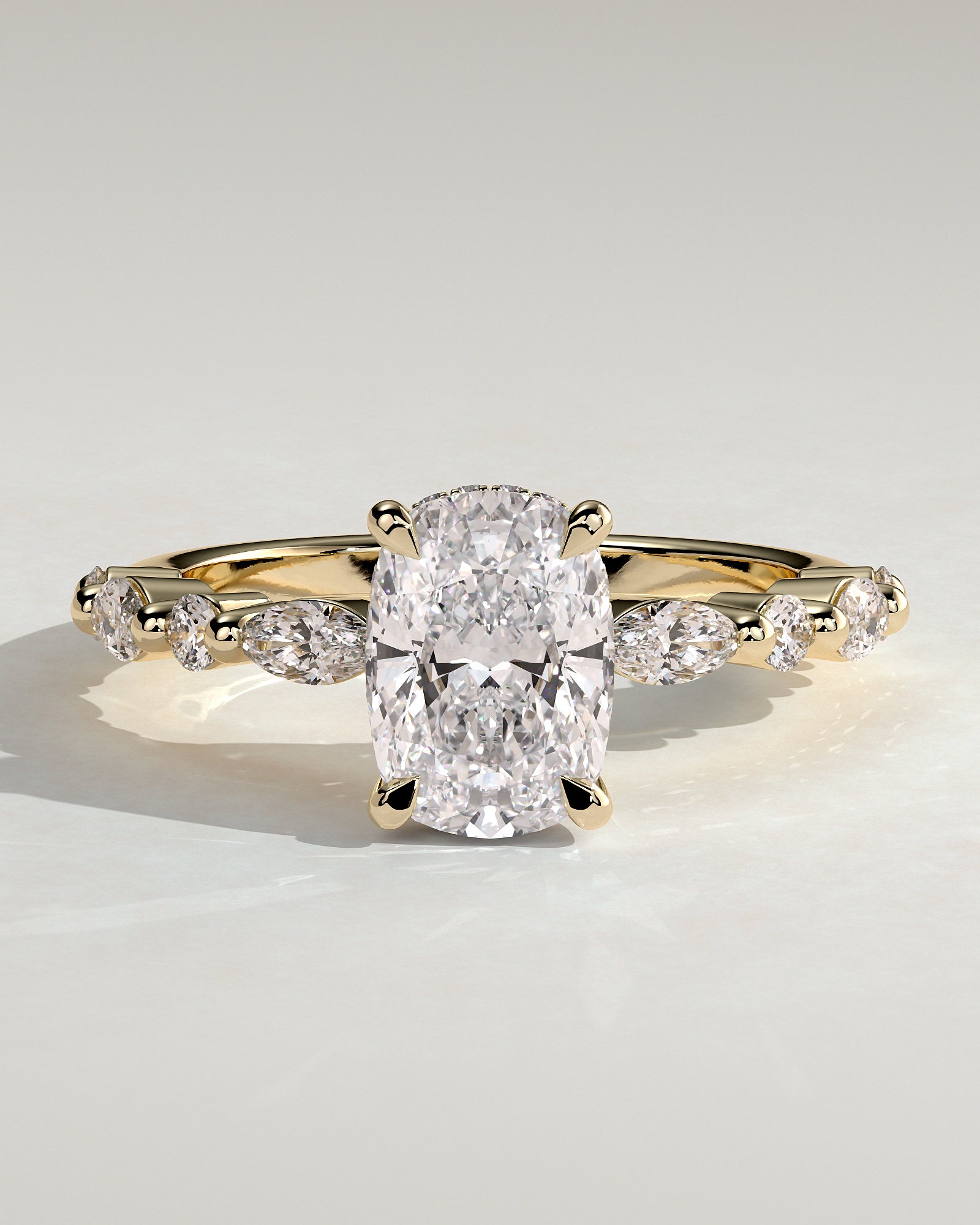 Elongated Cushion Hidden Halo and Alternating Pave Lab Grown Diamond Engagement Ring