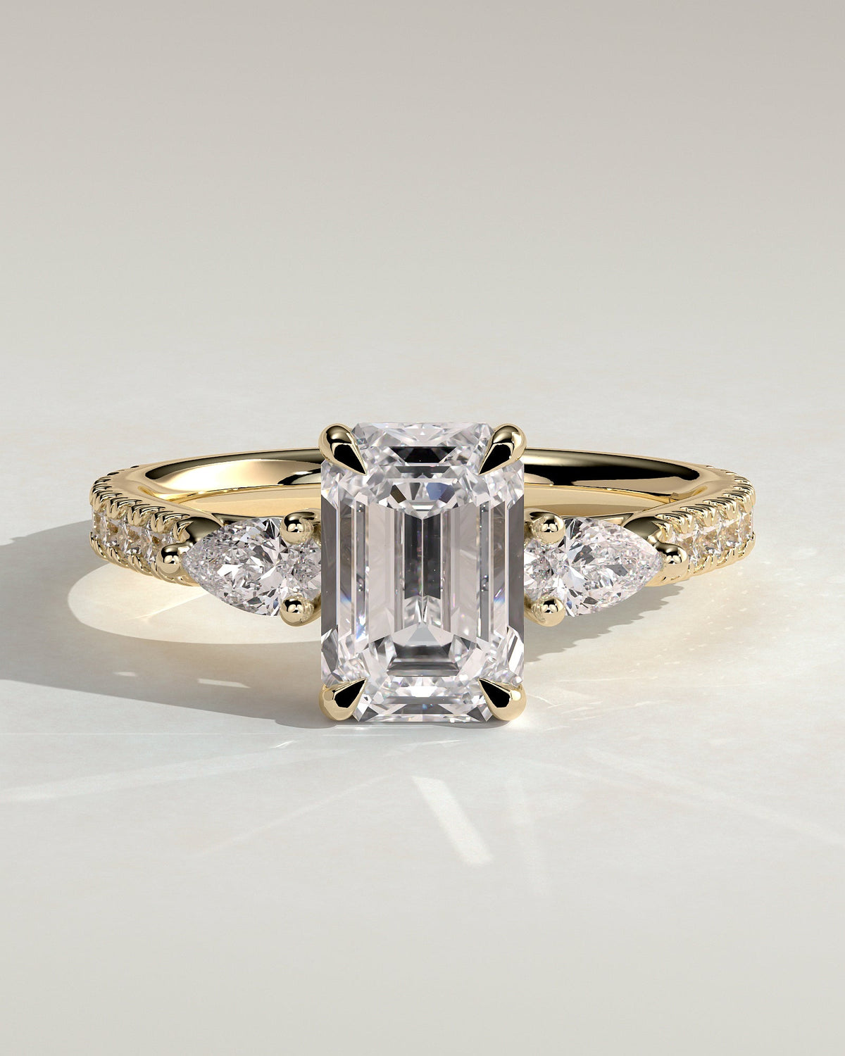 Emerald Three Stones and Pave Lab Grown Diamond Engagement Ring
