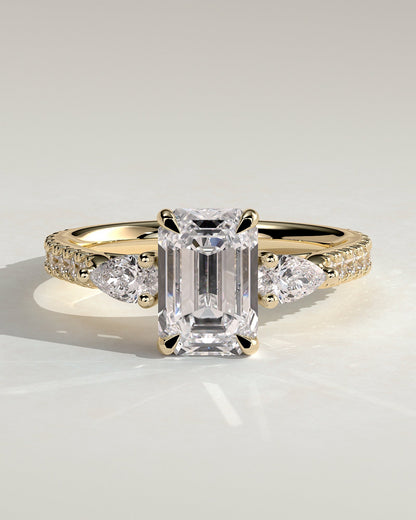 Emerald Three Stones and Pave Lab Grown Diamond Engagement Ring