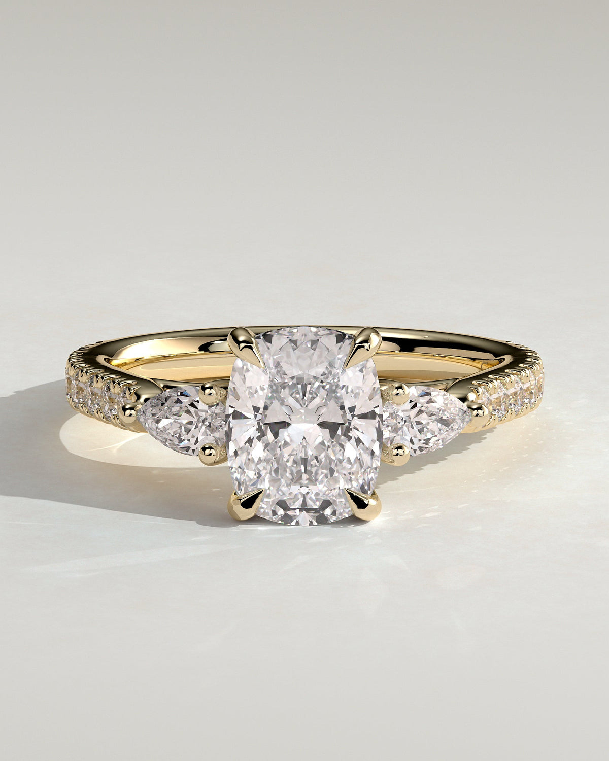 Elongated Cushion Three Stones and Pave Lab Grown Diamond Engagement Ring