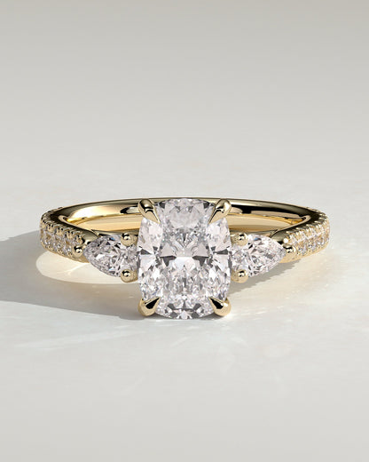 Elongated Cushion Three Stones and Pave Lab Grown Diamond Engagement Ring