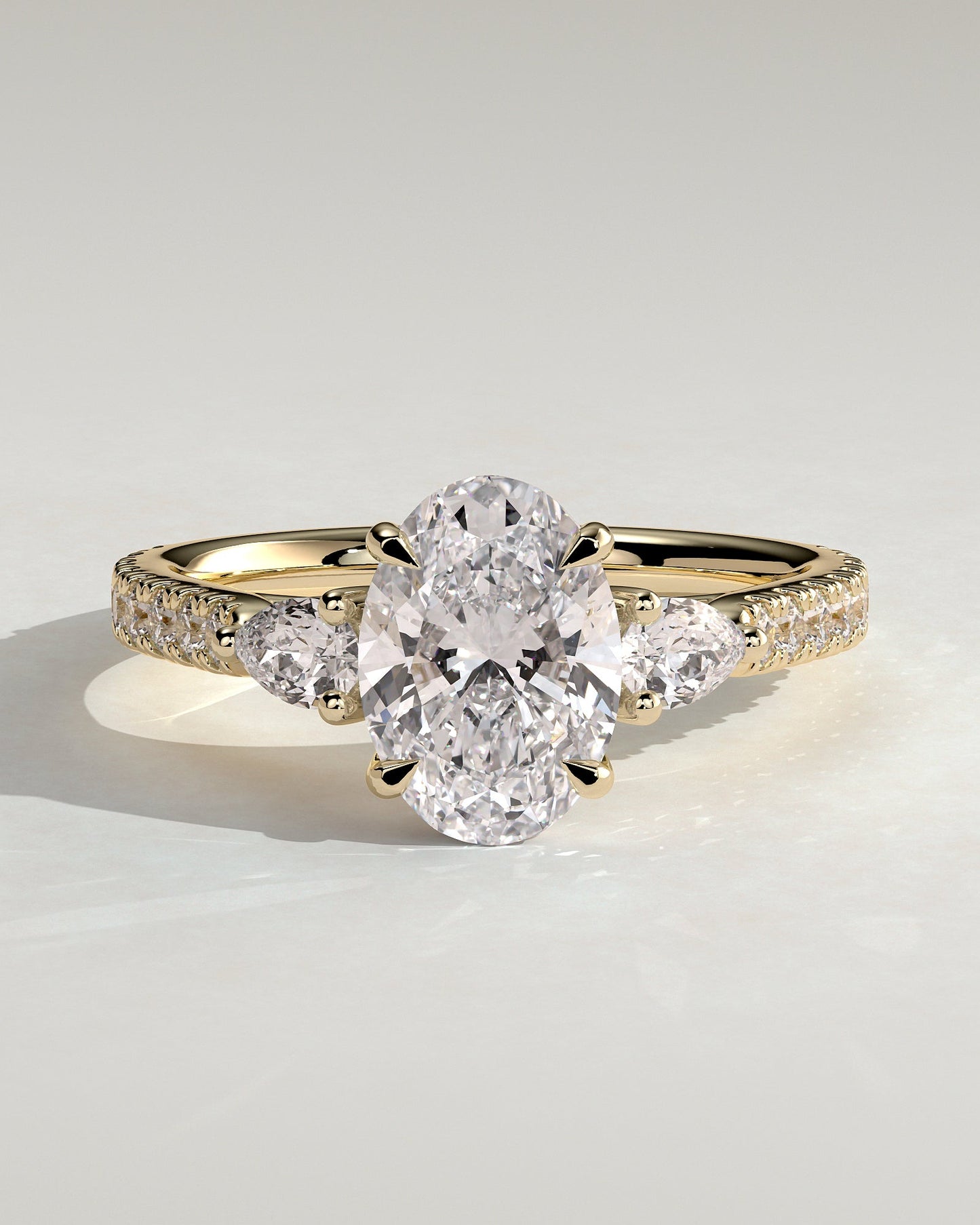 Oval Three Stones and Pave Hidden Halo Lab Grown Diamond Engagement Ring