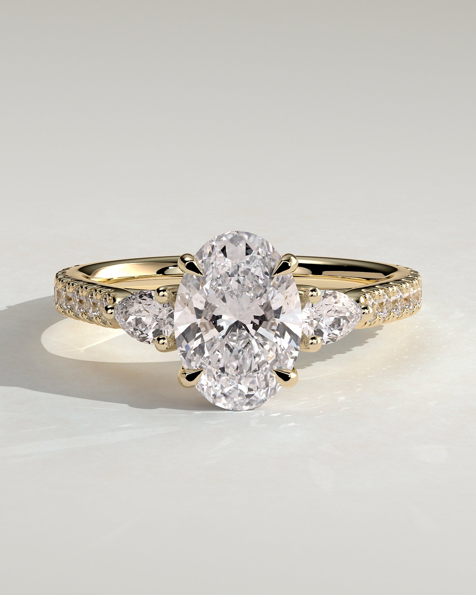 Oval Three Stones and Pave Hidden Halo Lab Grown Diamond Engagement Ring