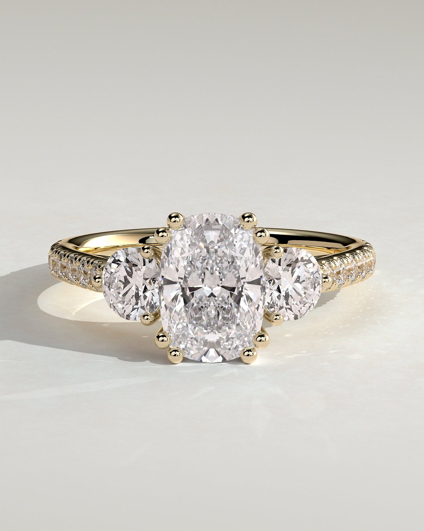 Elongated Cushion Three Stones & Pave Lab Grown Diamond Engagement Ring
