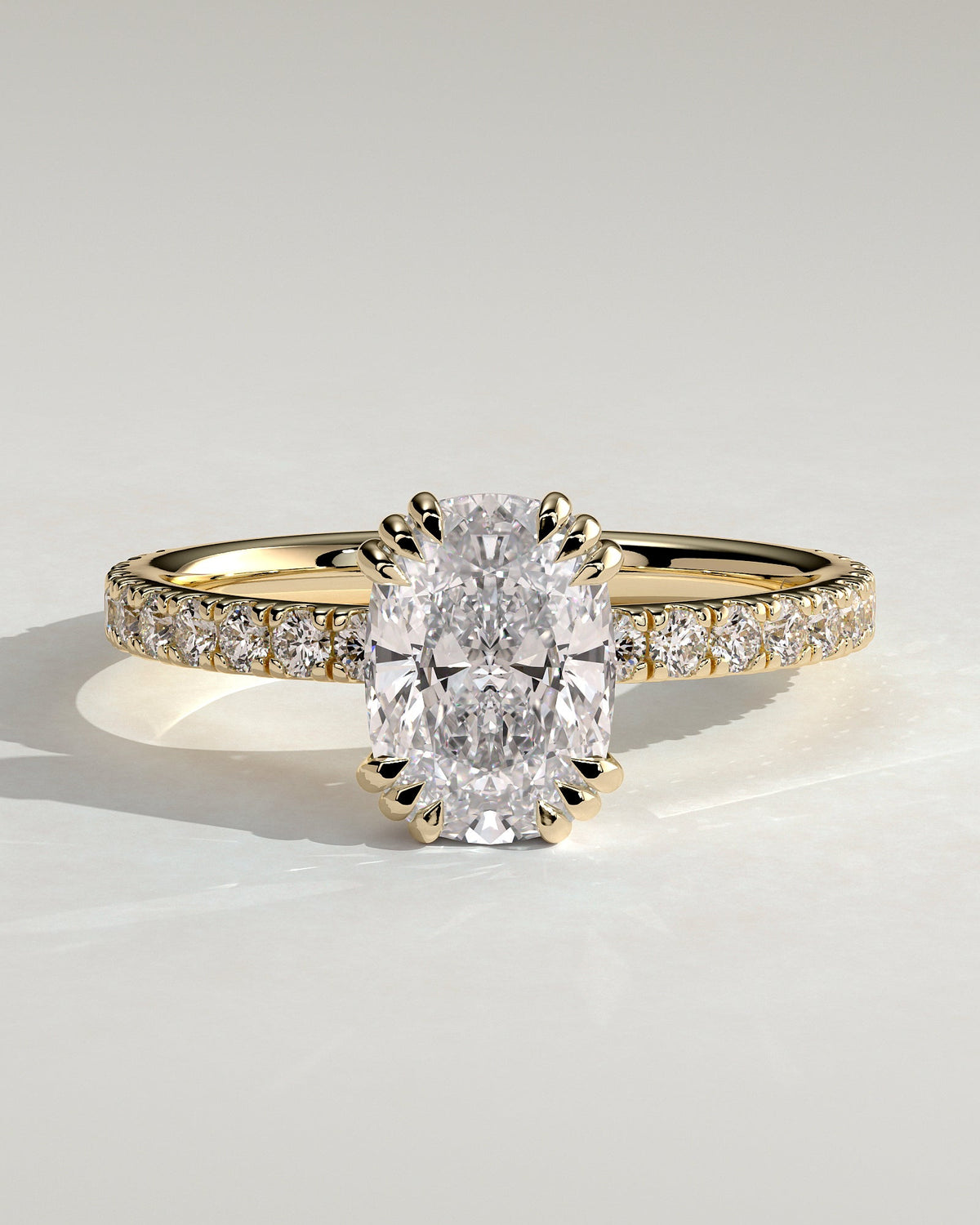 Elongated Cushion Pave and Triple Prongs Lab Grown Diamond Engagement Ring