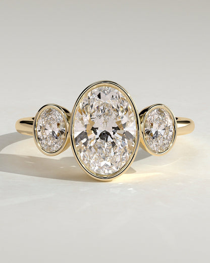 Oval Three Stones Bezel Lab Grown Diamond Engagement Ring