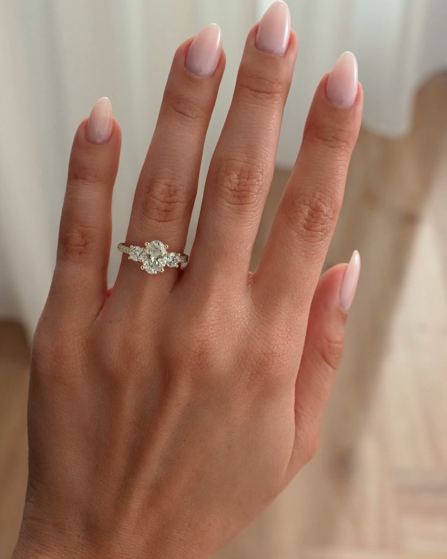 Oval Three Stones and Pave Lab Grown Diamond Engagement Ring