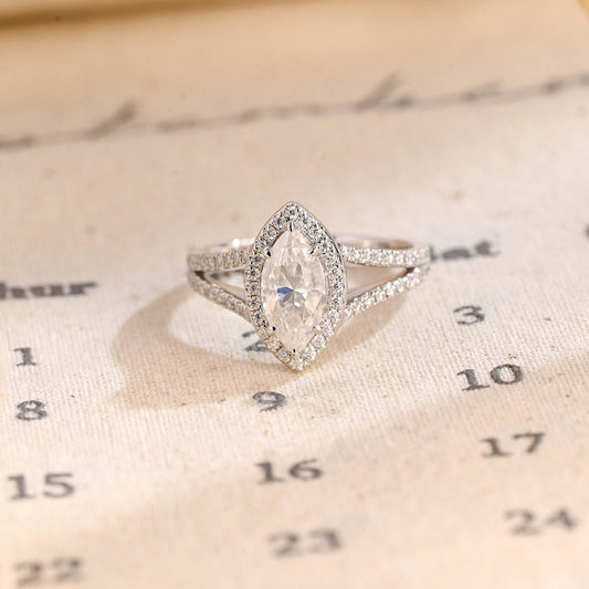 Stunning 1.0 CT Marquise Cut Moissanite Engagement Ring with Halo Split Shank Pave Design 1