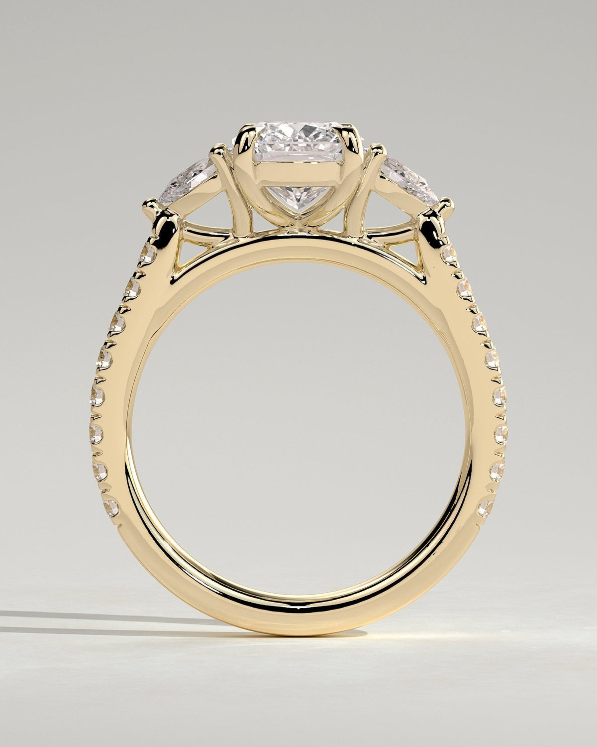 Elongated Cushion Three Stones and Pave Lab Grown Diamond Engagement Ring
