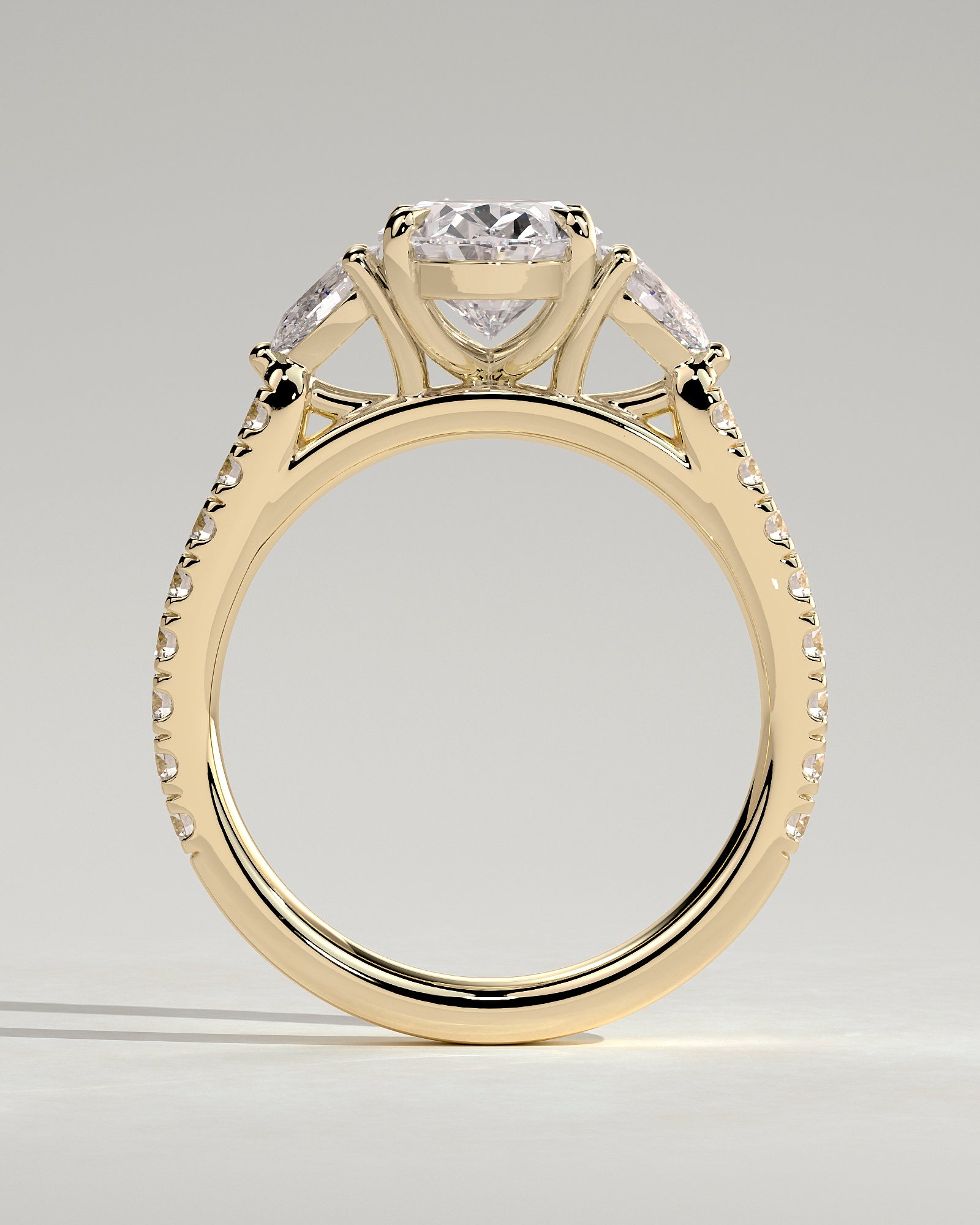 Oval Three Stones and Pave Hidden Halo Lab Grown Diamond Engagement Ring