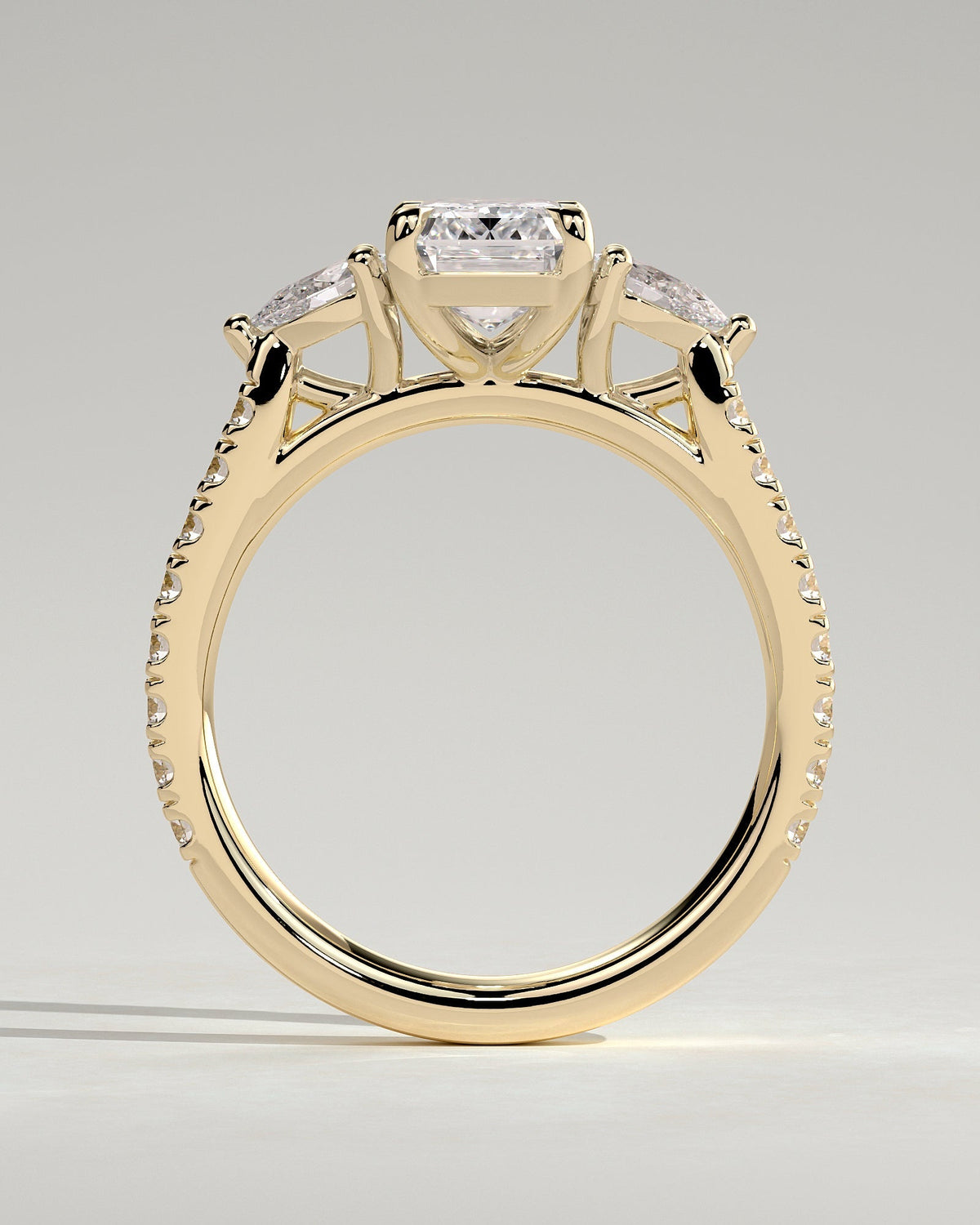 Emerald Three Stones and Pave Lab Grown Diamond Engagement Ring