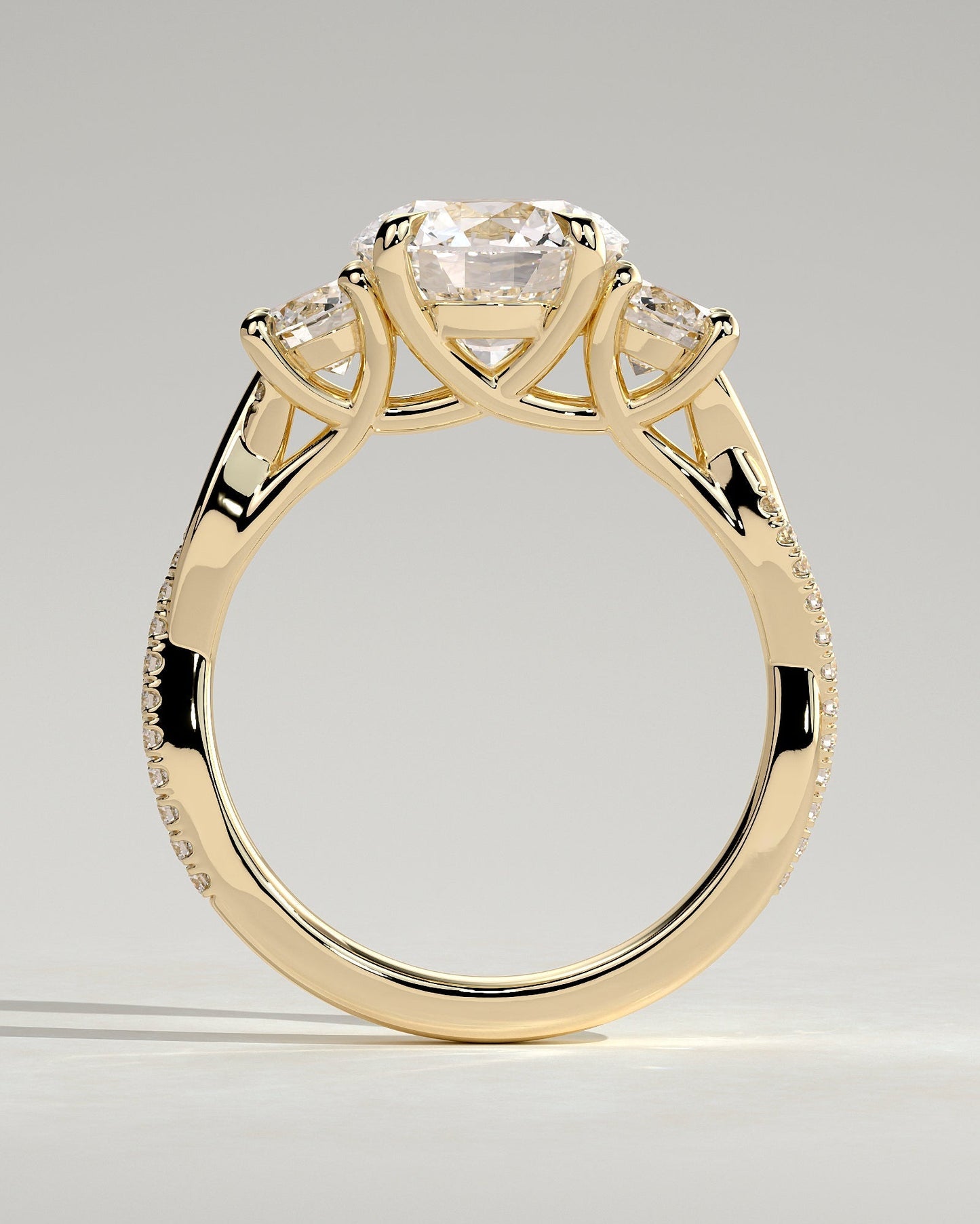 Round Three Stones and Twisted Pave Lab Grown Diamond Engagement Ring