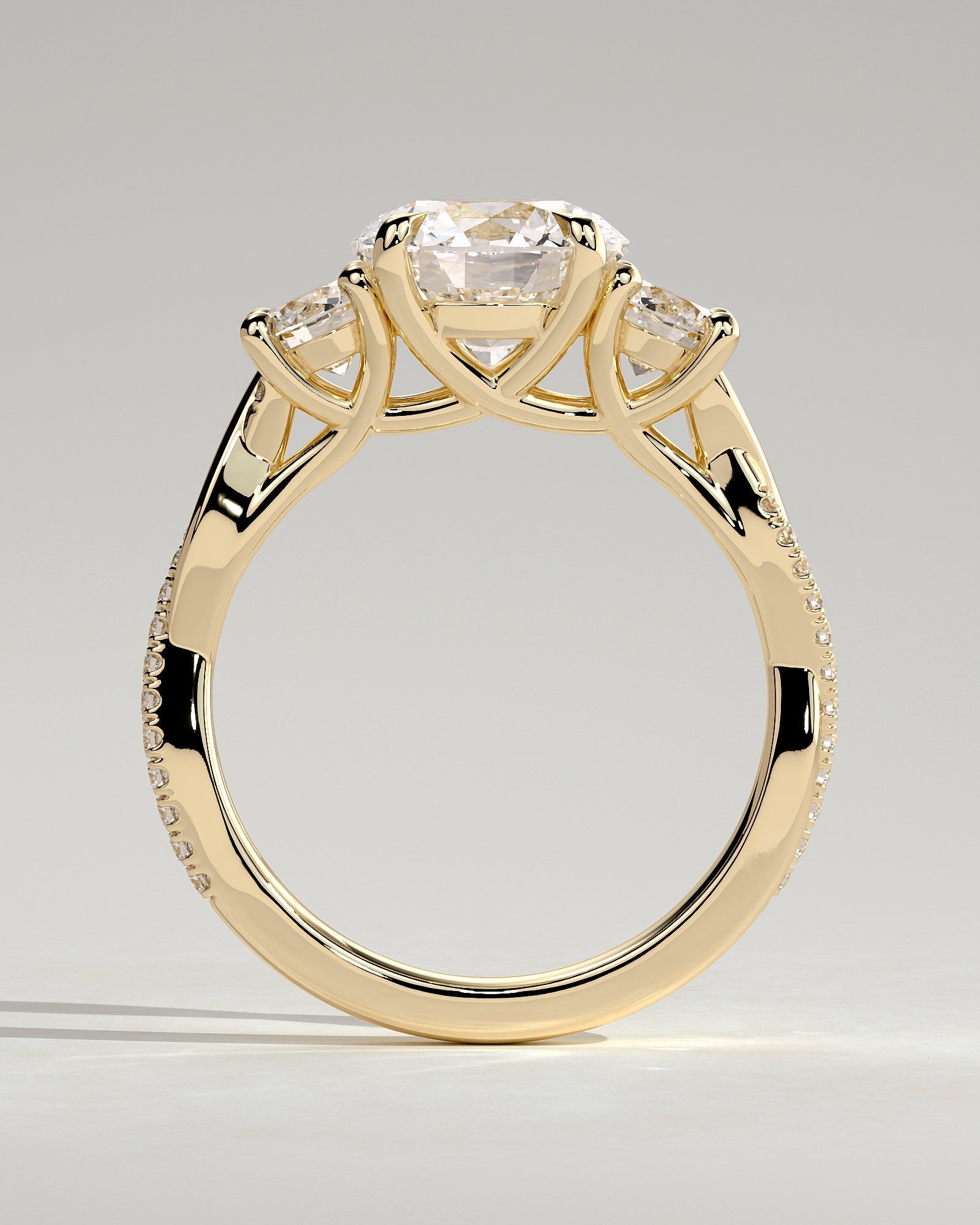 Round Three Stones and Twisted Pave Lab Grown Diamond Engagement Ring