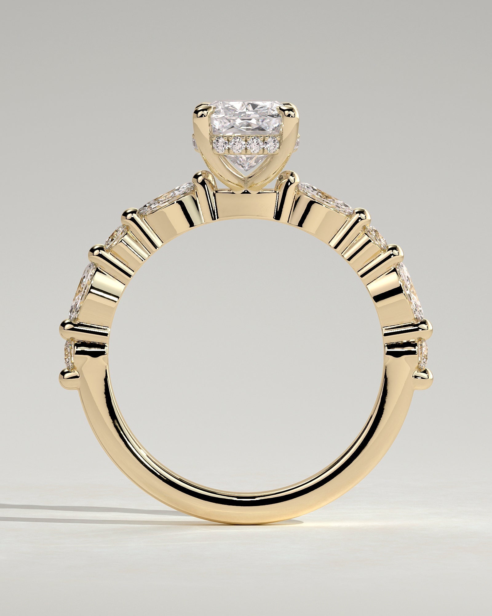 Elongated Cushion Hidden Halo and Alternating Pave Lab Grown Diamond Engagement Ring
