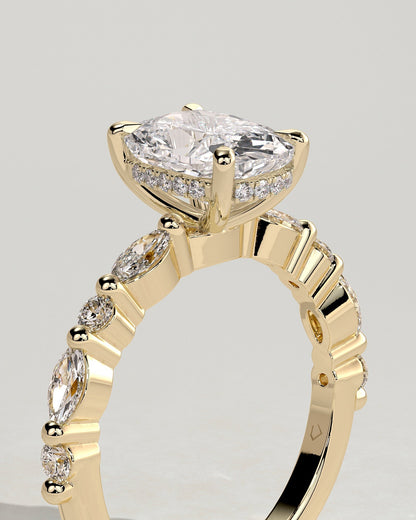 Elongated Cushion Hidden Halo and Alternating Pave Lab Grown Diamond Engagement Ring