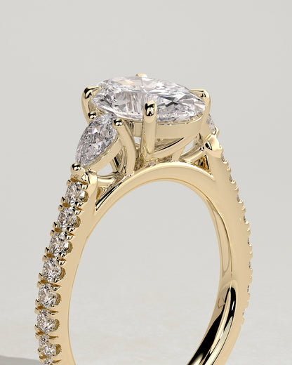 Oval Three Stones and Pave Hidden Halo Lab Grown Diamond Engagement Ring