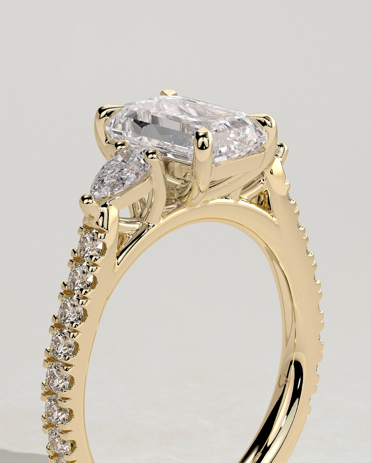 Emerald Three Stones and Pave Lab Grown Diamond Engagement Ring
