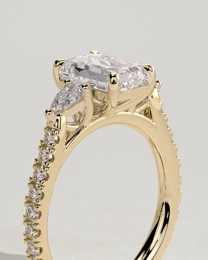 Emerald Three Stones and Pave Lab Grown Diamond Engagement Ring