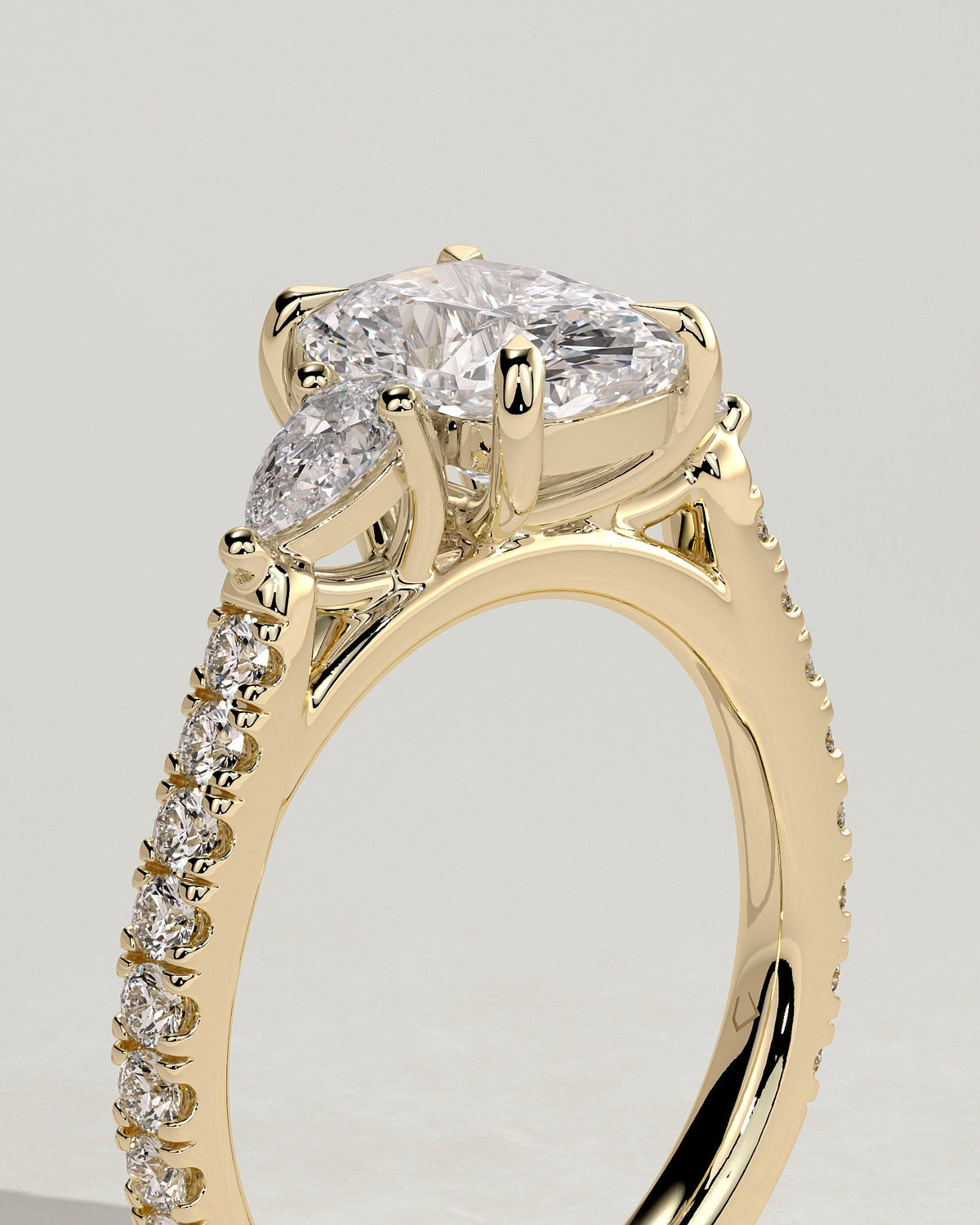 Elongated Cushion Three Stones and Pave Lab Grown Diamond Engagement Ring