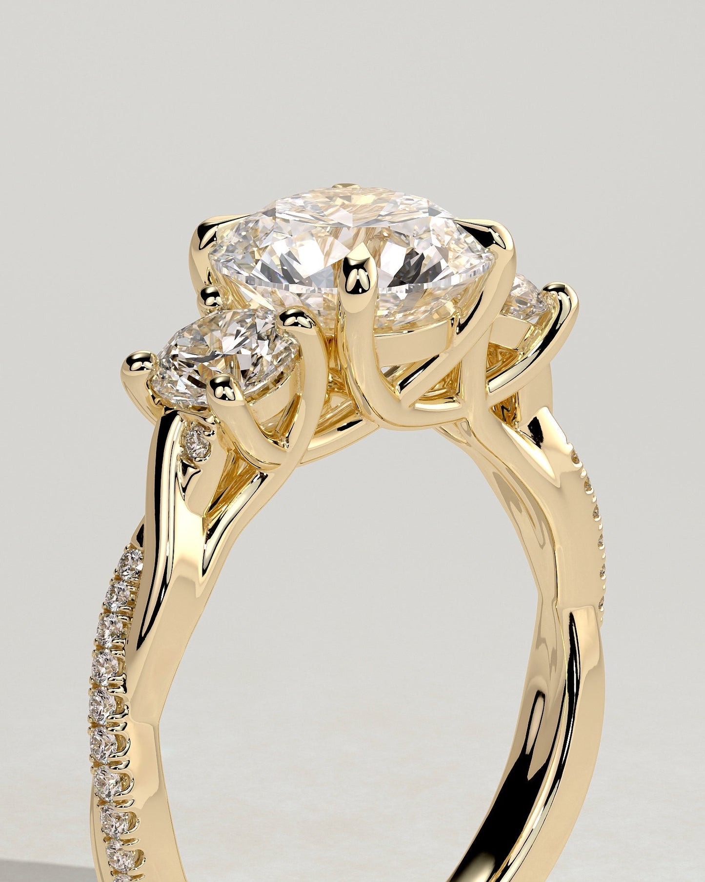 Round Three Stones and Twisted Pave Lab Grown Diamond Engagement Ring