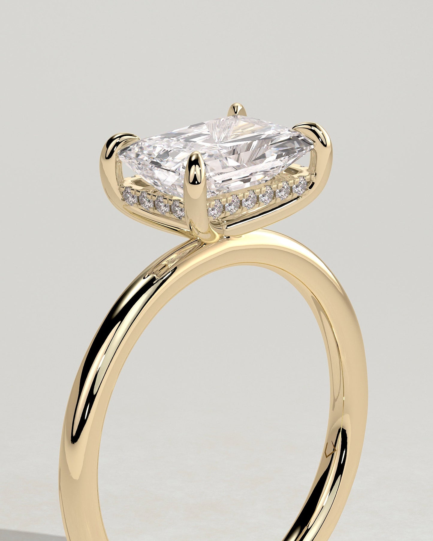 Radiant Hidden Halo and East West Lab Grown Diamond Engagement Ring