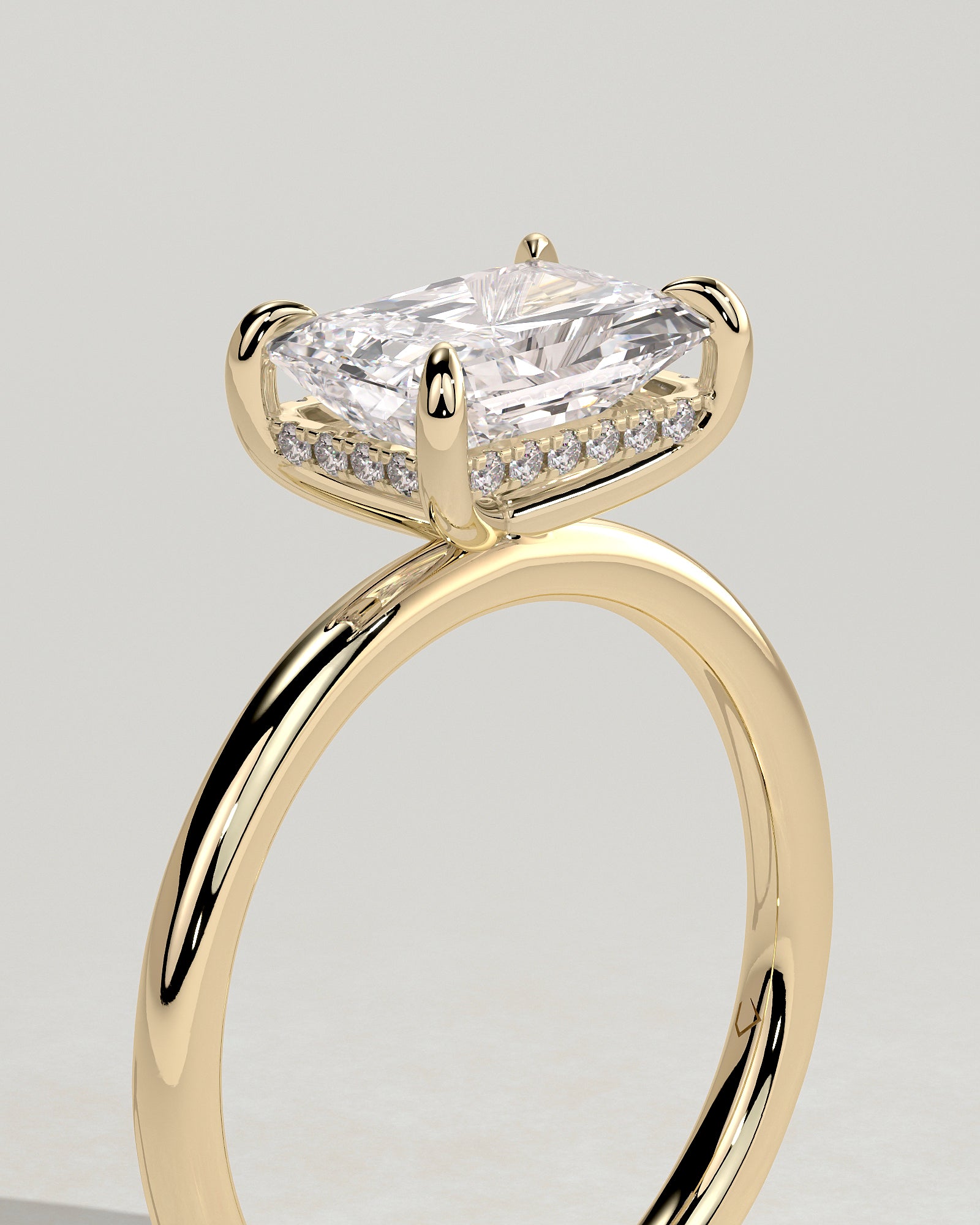 Radiant Hidden Halo and East West Lab Grown Diamond Engagement Ring