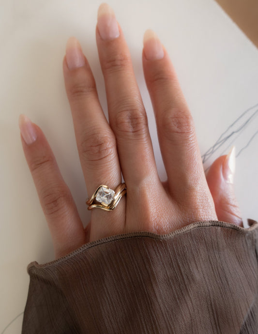 1.5 CT Asscher Lab Grown Curved Shank Engagement Ring With Plain Stacking Band