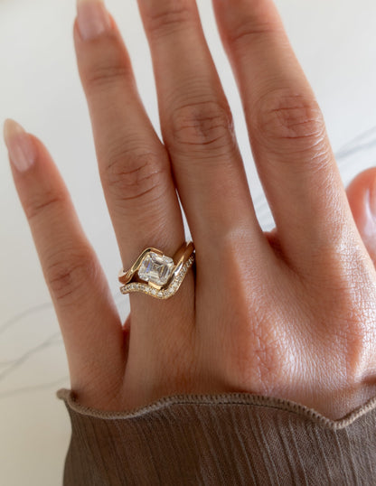 1.5 CT Asscher Lab Grown Curved Shank Engagement Ring With Regular Pave Stacking Band