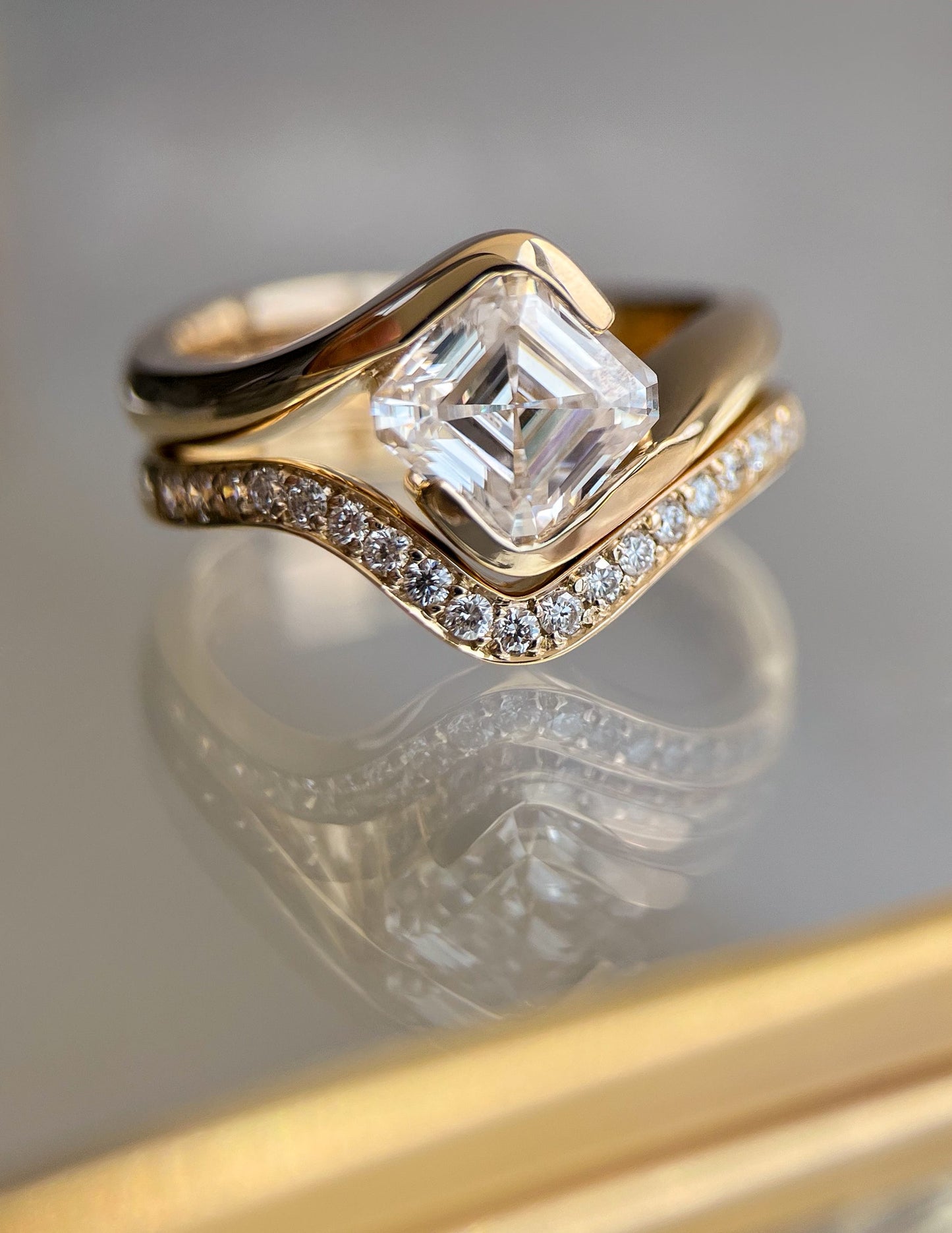 1.5 CT Asscher Lab Grown Curved Shank Engagement Ring With Regular Pave Stacking Band