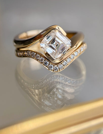 1.5 CT Asscher Lab Grown Curved Shank Engagement Ring With Regular Pave Stacking Band