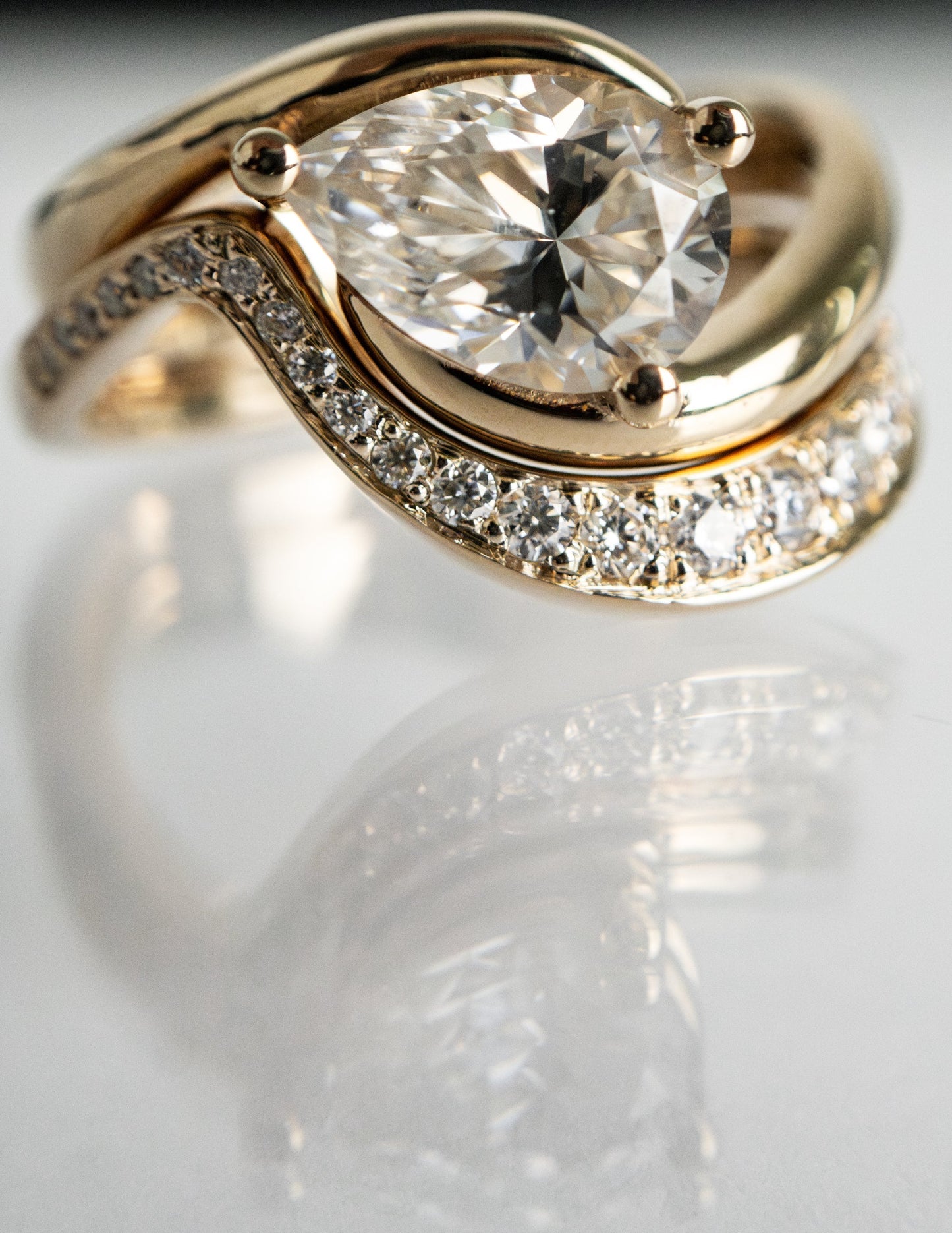 1 CT Pear Cut Solitaire Lab Grown Diamond Ring With Wrap Bold Pave Band