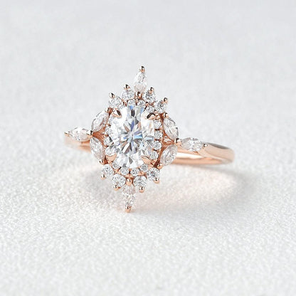 0.94 CT Oval Cut Cluster Vintage Moissanite Engagement Ring 4