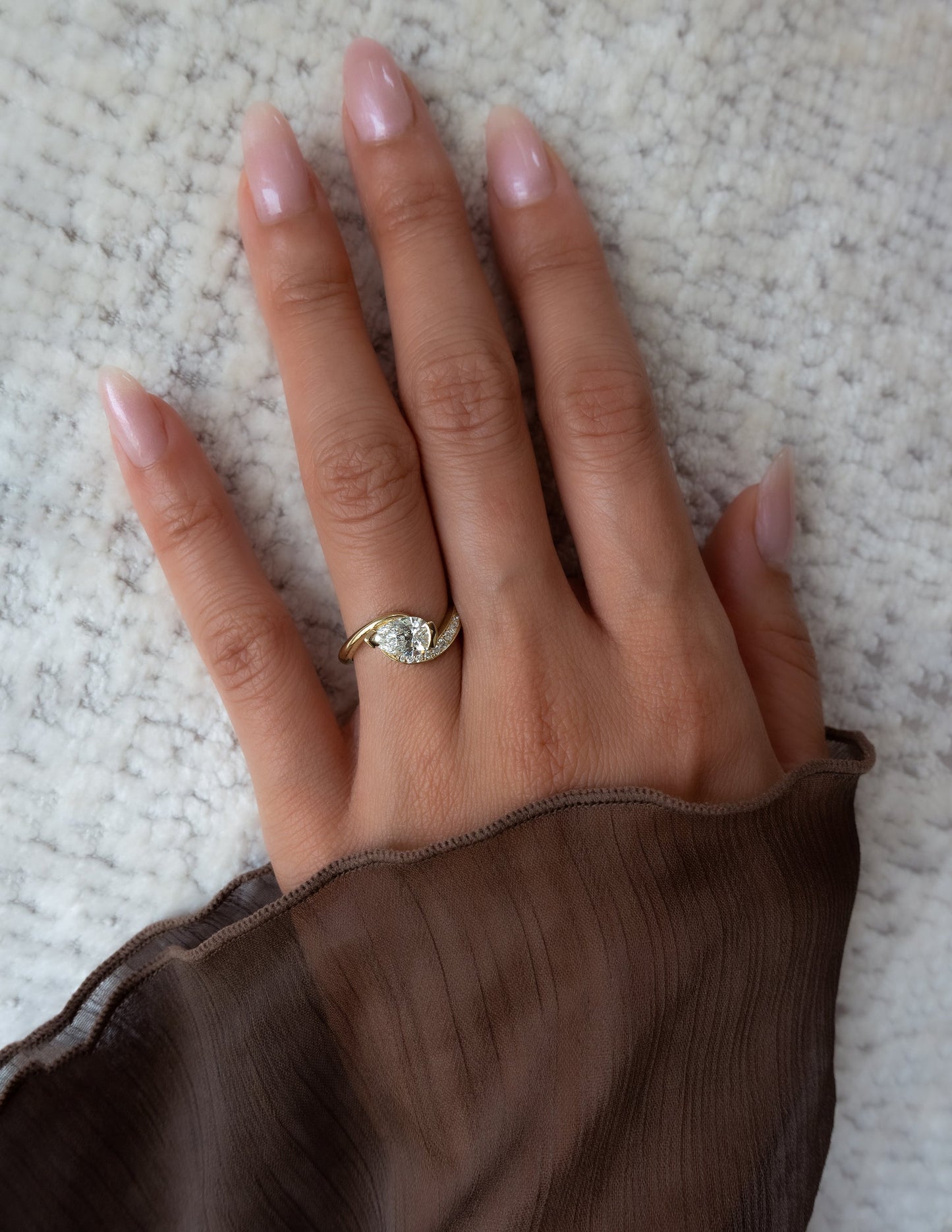 1 CT Pear Swirl East West Semi Pave Lab Grown Engagement Ring